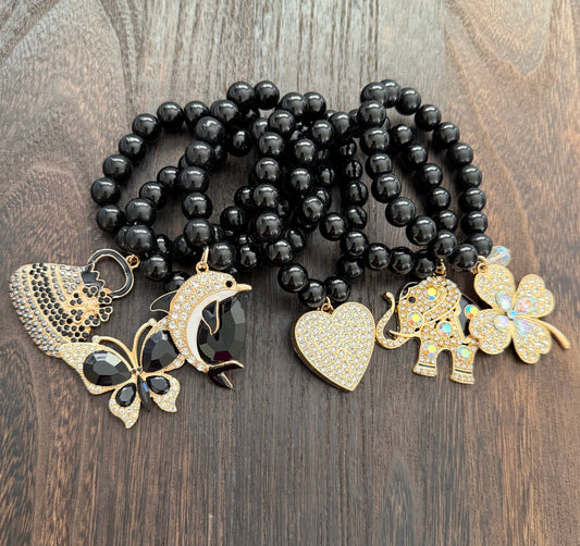 Jet Glass and Crystal Bracelets